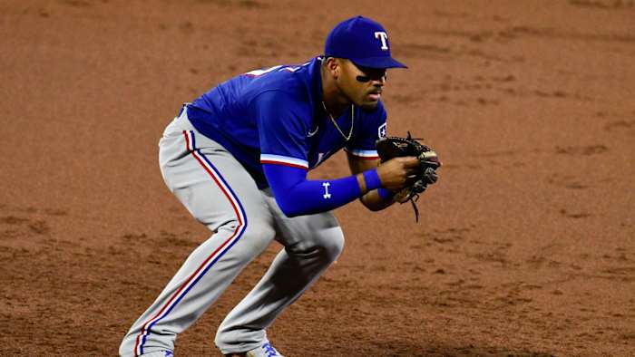 Sep 23, 2021; Baltimore, Maryland, USA; Texas Rangers third baseman Andy Ibanez (77) looks towards the plate during the game against the Baltimore Orioles at Oriole Park at Camden Yards. Mandatory Credit: Tommy Gilligan-USA TODAY Sports